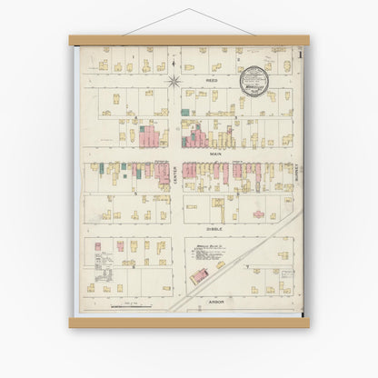 Old map wall art mockup — magnetic wood frame on white wall — Sanborn Fire Insurance Map from Marcellus, Cass County, Michigan (1893) - Complete Map Set