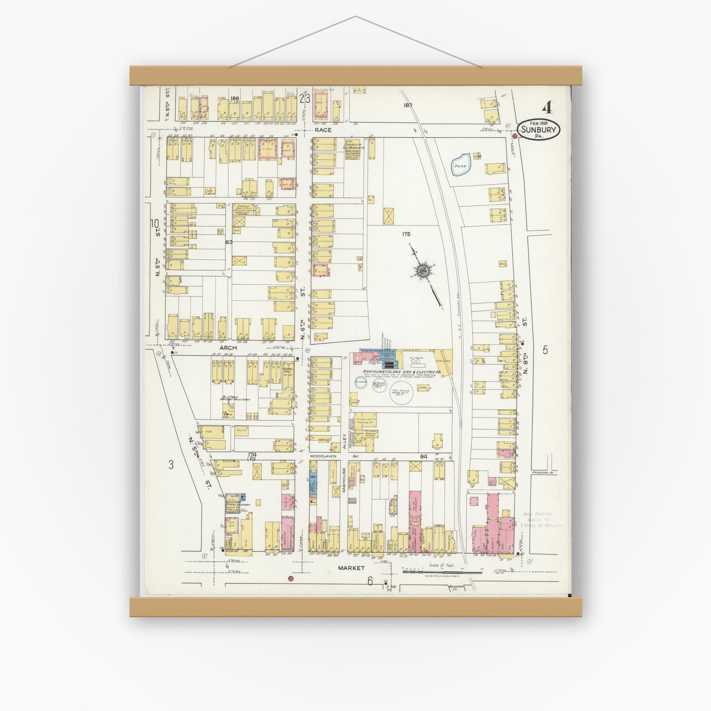 Old map wall art mockup — magnetic wood frame on white wall — Sanborn Fire Insurance Map from Sunbury, Northumberland County, Pennsylvania (1918), Sheet #0004