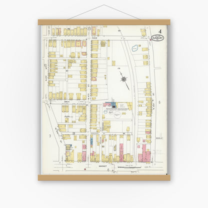Old map wall art mockup — magnetic wood frame on white wall — Sanborn Fire Insurance Map from Sunbury, Northumberland County, Pennsylvania (1918), Sheet #0004