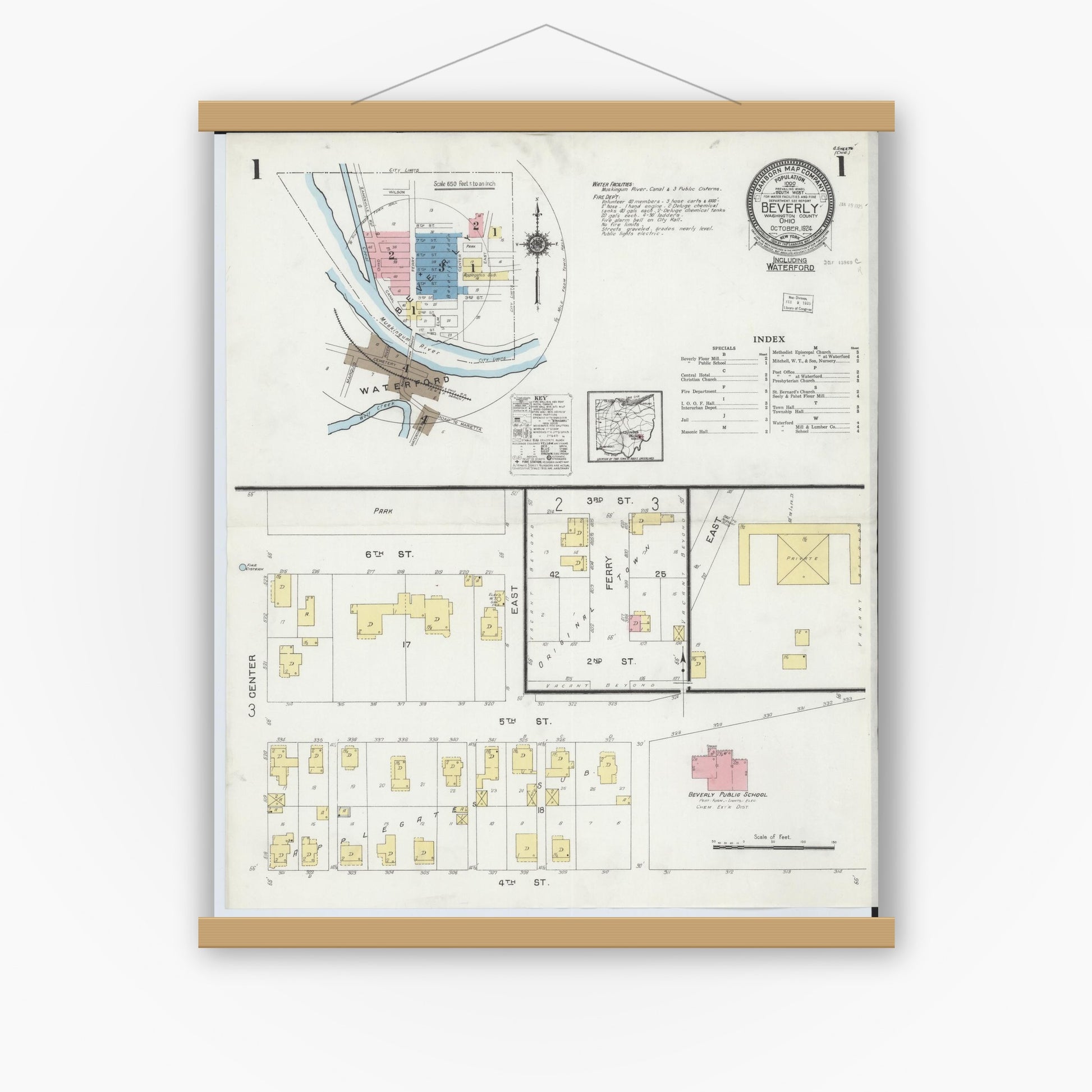 Old map wall art mockup — magnetic wood frame on white wall — Sanborn Fire Insurance Map from Beverly, Washington County, Ohio (1924) - Complete Map Set
