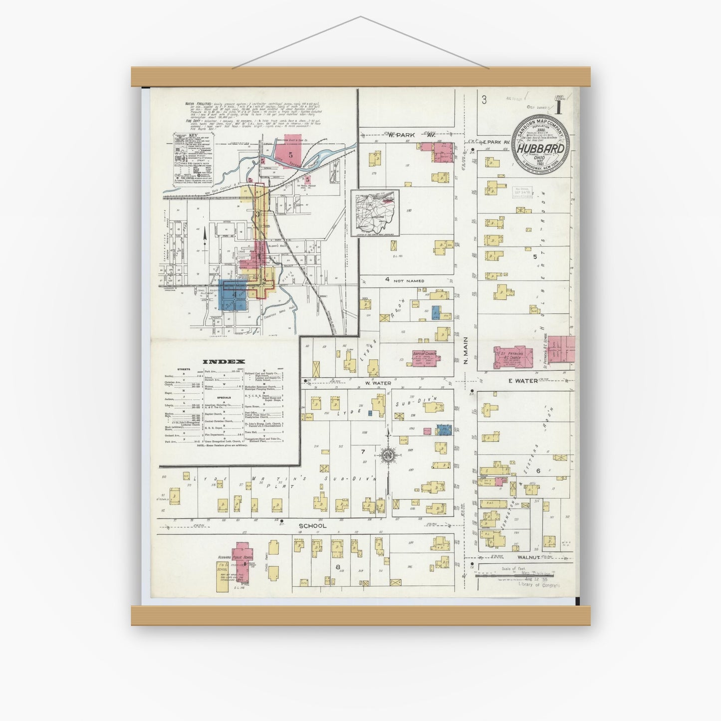 Old map wall art mockup — magnetic wood frame on white wall — Sanborn Fire Insurance Map from Hubbard, Trumbull County, Ohio (1921), Sheet #0001