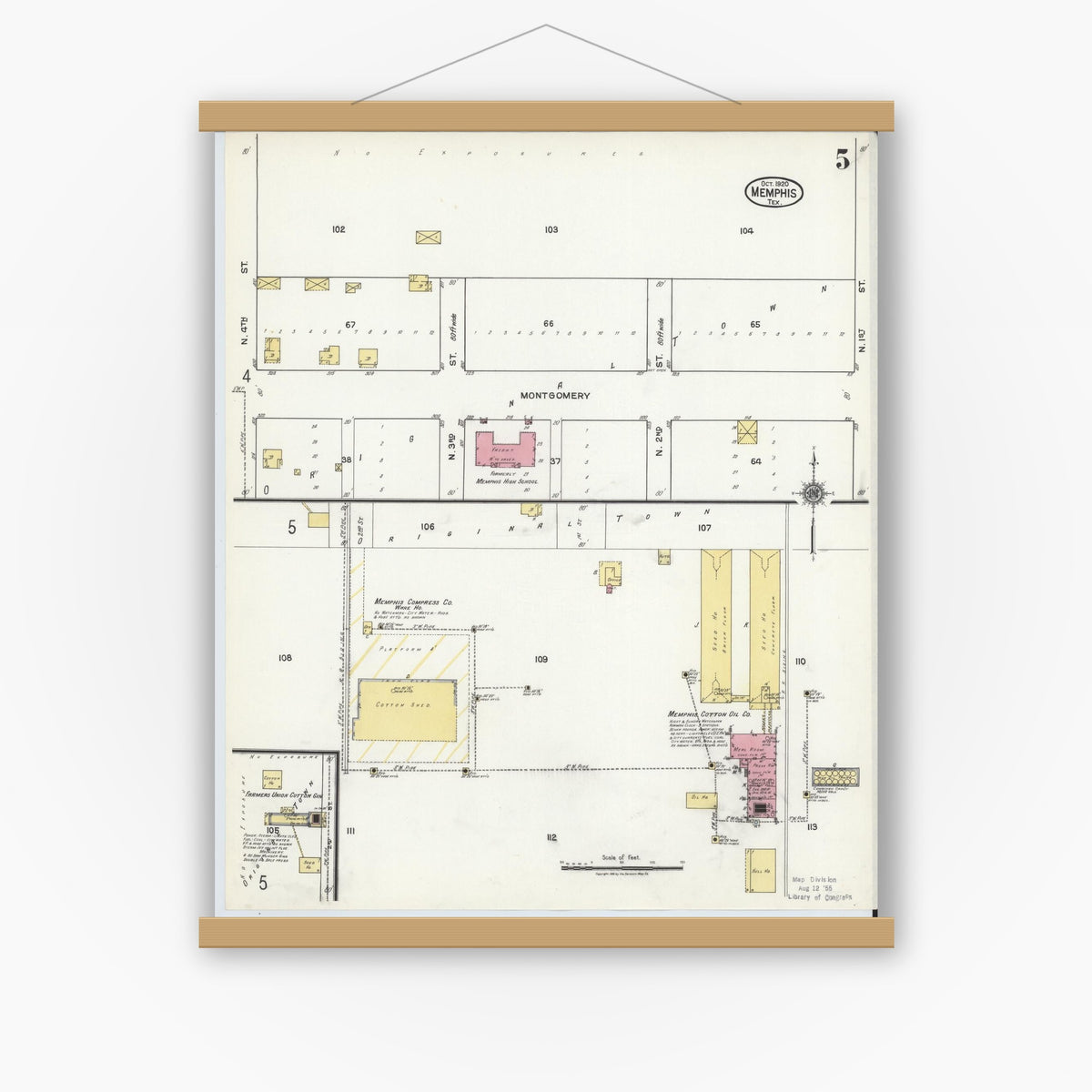 Old map wall art mockup — magnetic wood frame on white wall — Sanborn Fire Insurance Map from Memphis, Hall County, Texas (1920), Sheet #0005