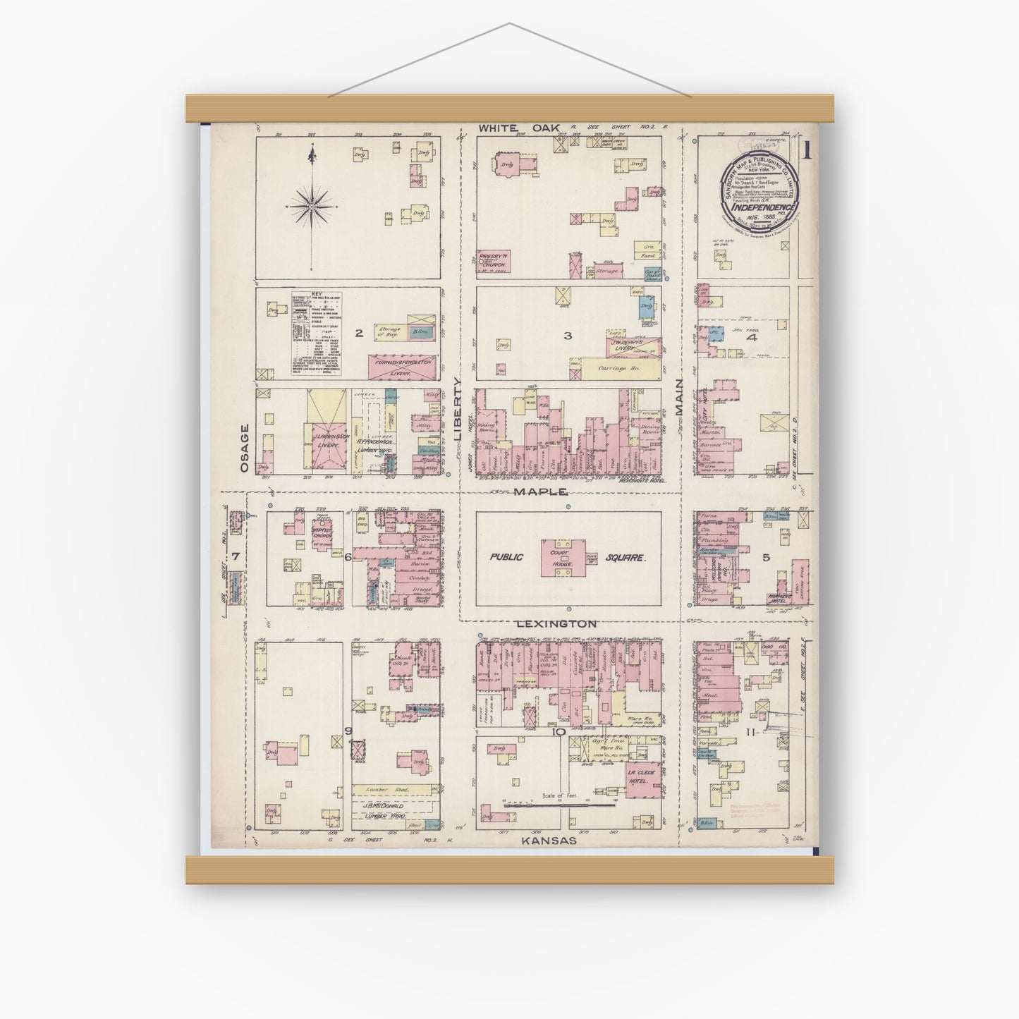 Old map wall art mockup — magnetic wood frame on white wall — Sanborn Fire Insurance Map from Independence, Jackson County, Missouri (1885) - Complete Map Set