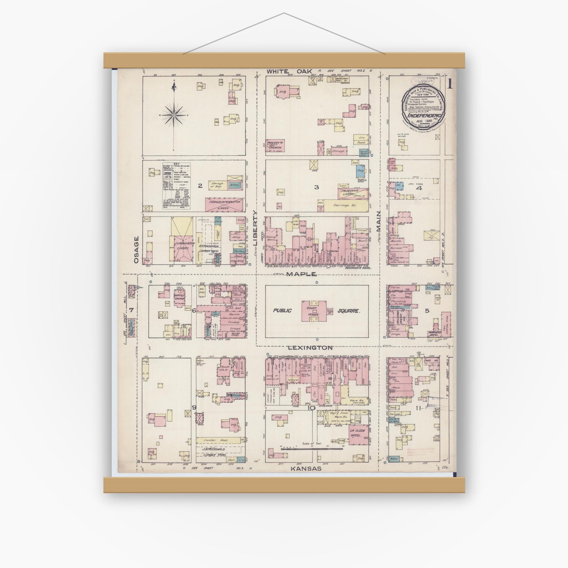 Old map wall art mockup — magnetic wood frame on white wall — Sanborn Fire Insurance Map from Independence, Jackson County, Missouri (1885) - Complete Map Set