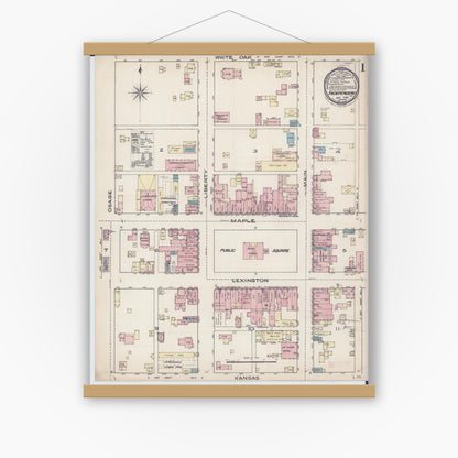 Old map wall art mockup — magnetic wood frame on white wall — Sanborn Fire Insurance Map from Independence, Jackson County, Missouri (1885) - Complete Map Set