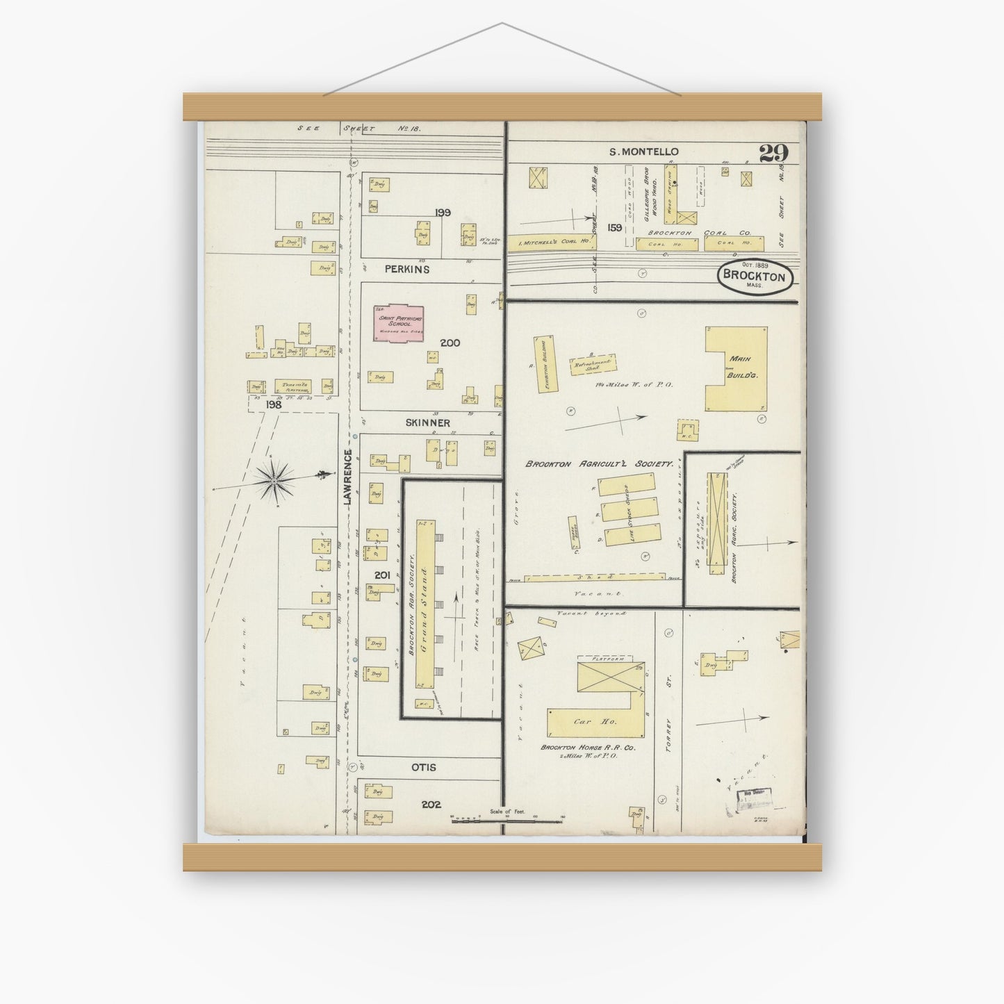 Old map wall art mockup — magnetic wood frame on white wall — Sanborn Fire Insurance Map from Brockton, Plymouth County, Massachusetts (1889), Sheet #0029