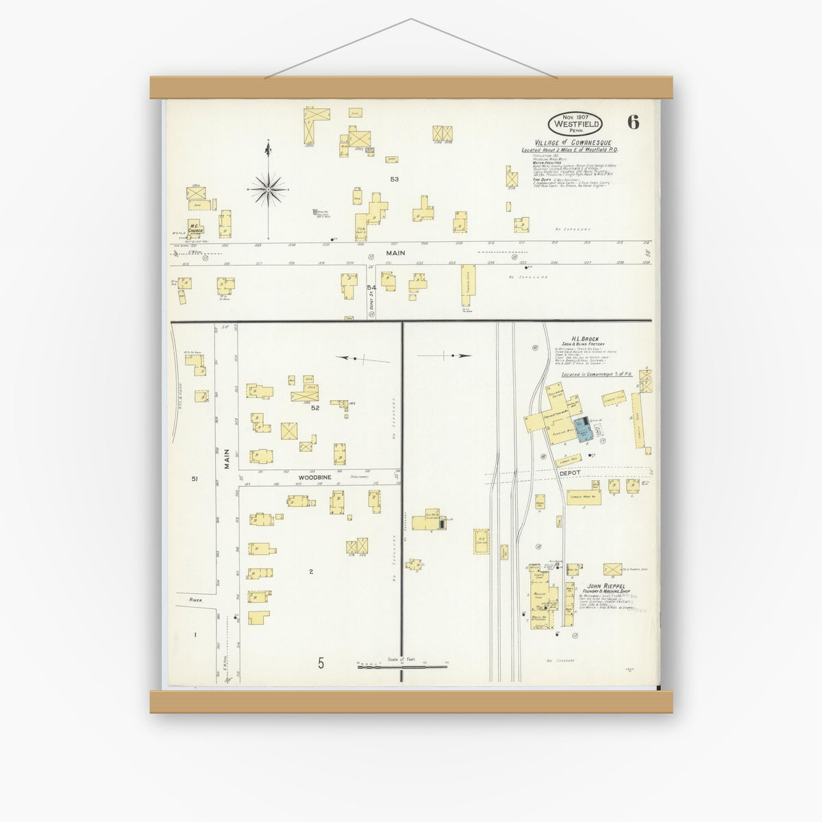 Old map wall art mockup — magnetic wood frame on white wall — Sanborn Fire Insurance Map from Westfield, Tioga County, Pennsylvania (1907), Sheet #0006