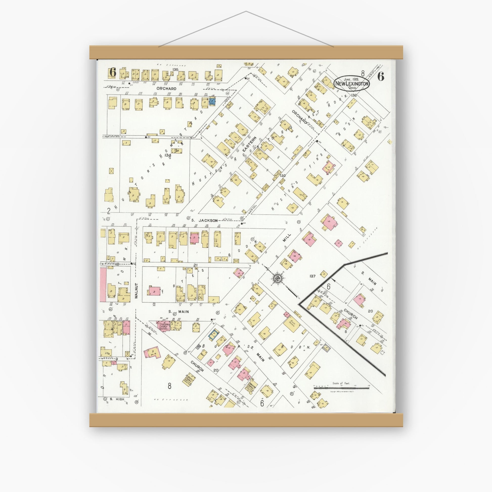 Old map wall art mockup — magnetic wood frame on white wall — Sanborn Fire Insurance Map from New Lexington, Perry County, Ohio (1926), Sheet #0006