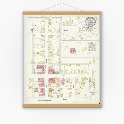 Old map wall art mockup — magnetic wood frame on white wall — Sanborn Fire Insurance Map from Jeffersonville, Fayette County, Ohio (1907), Sheet #0001