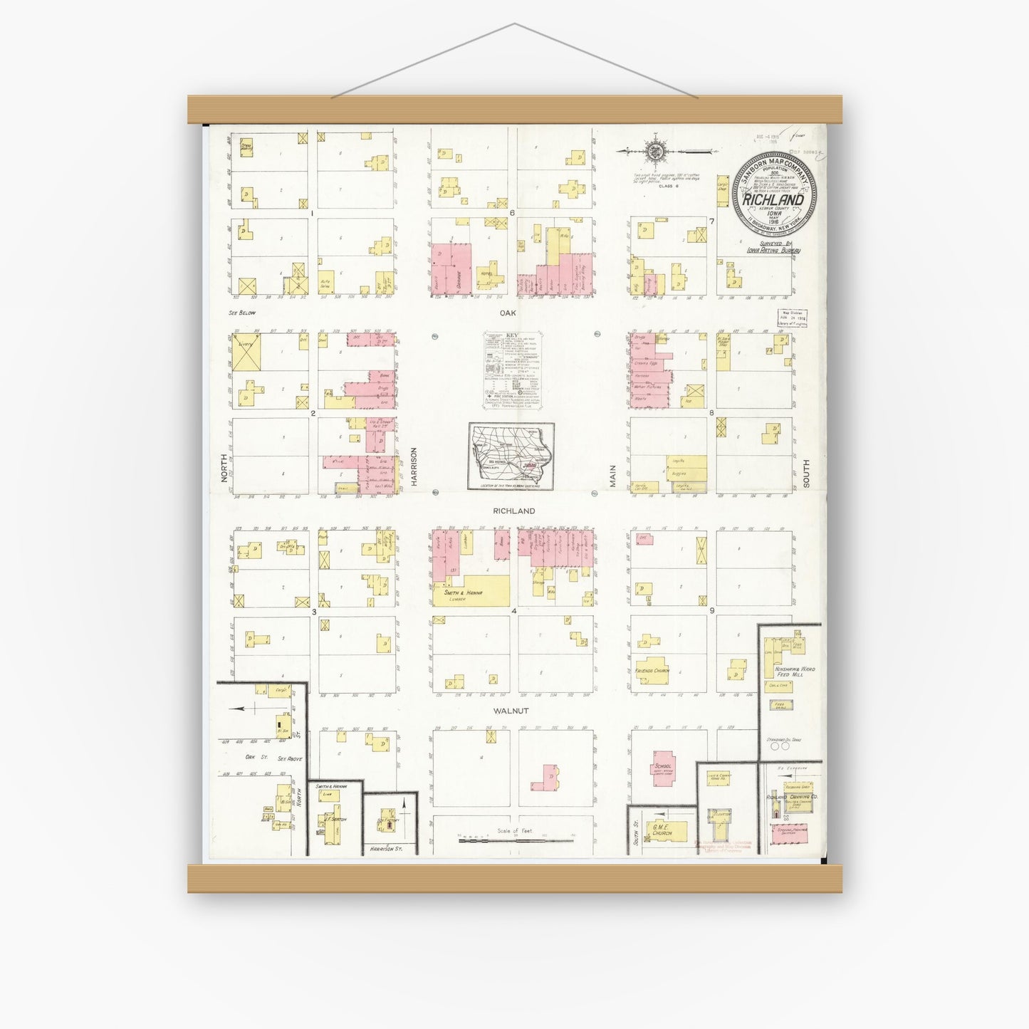 Old map wall art mockup — magnetic wood frame on white wall — Sanborn Fire Insurance Map from Richland, Keokuk County, Iowa (1916), Sheet #0001