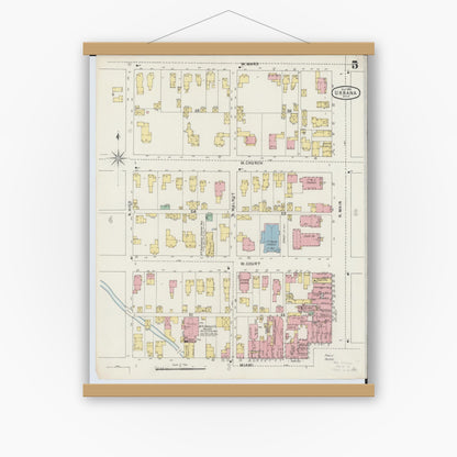 Old map wall art mockup — magnetic wood frame on white wall — Sanborn Fire Insurance Map from Urbana, Champaign County, Ohio (1895), Sheet #0005