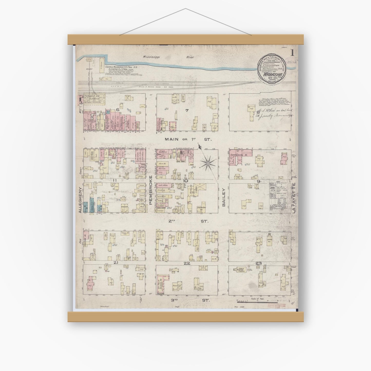 Old map wall art mockup — magnetic wood frame on white wall — Sanborn Fire Insurance Map from Wabasha, Wabasha County, Minnesota (1885) - Complete Map Set
