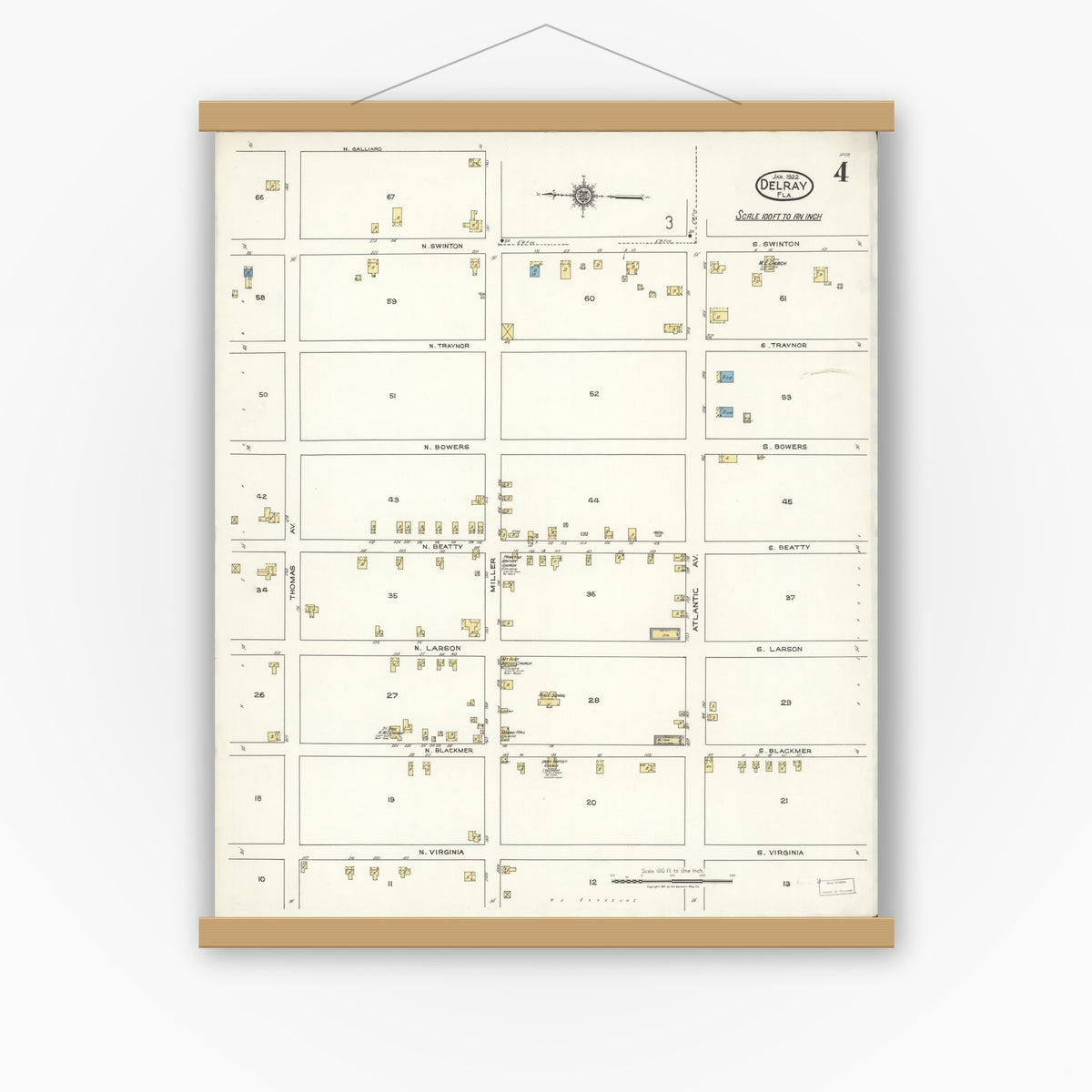 Old map wall art mockup — magnetic wood frame on white wall — Sanborn Fire Insurance Map from Delray, Palm Beach County, Florida (1922), Sheet #0004