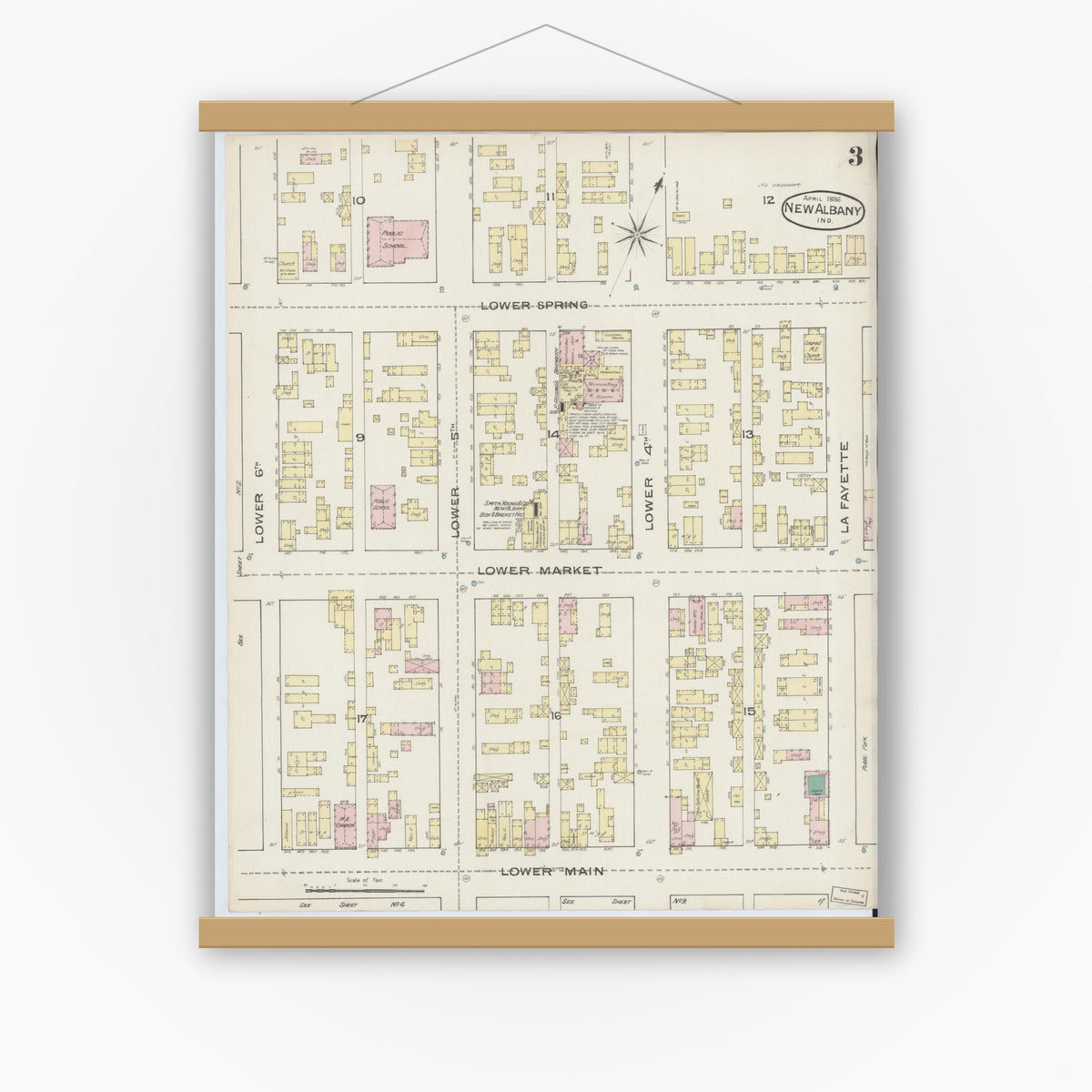 Old map wall art mockup — magnetic wood frame on white wall — Sanborn Fire Insurance Map from New Albany, Floyd County, Indiana (1886), Sheet #0003