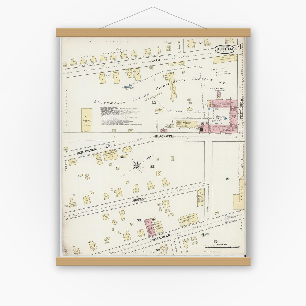 Old map wall art mockup — magnetic wood frame on white wall — Sanborn Fire Insurance Map from Durham, Durham County, North Carolina (1888), Sheet #0004