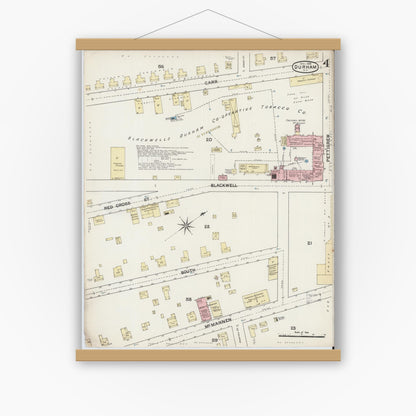 Old map wall art mockup — magnetic wood frame on white wall — Sanborn Fire Insurance Map from Durham, Durham County, North Carolina (1888), Sheet #0004