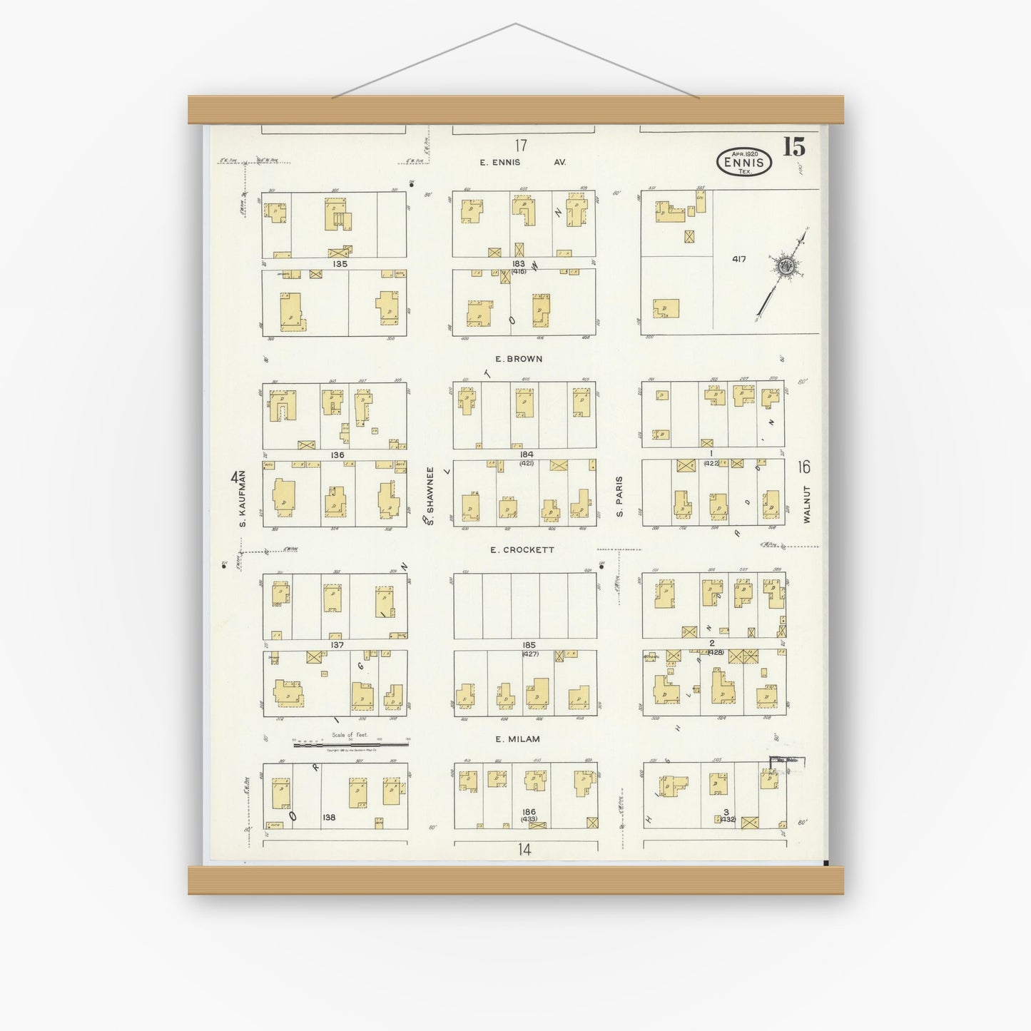 Old map wall art mockup — magnetic wood frame on white wall — Sanborn Fire Insurance Map from Ennis, Ellis County, Texas (1920), Sheet #0015
