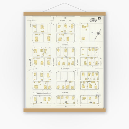 Old map wall art mockup — magnetic wood frame on white wall — Sanborn Fire Insurance Map from Ennis, Ellis County, Texas (1920), Sheet #0015