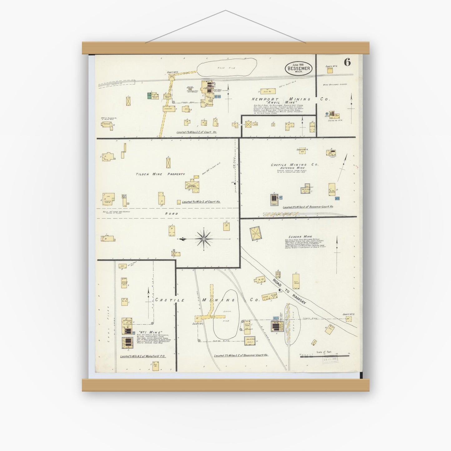 Old map wall art mockup — magnetic wood frame on white wall — Sanborn Fire Insurance Map from Bessemer, Gogebic County, Michigan (1908), Sheet #0006