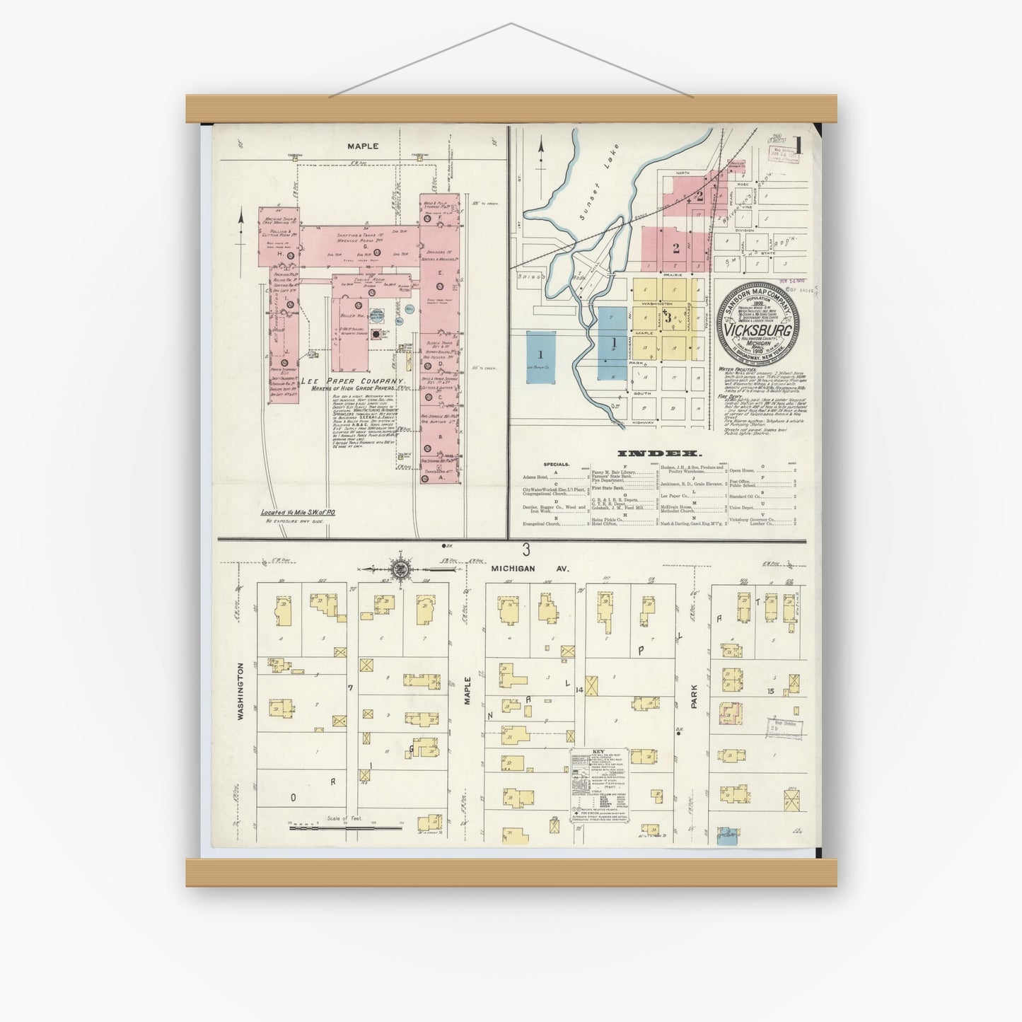 Old map wall art mockup — magnetic wood frame on white wall — Sanborn Fire Insurance Map from Vicksburg, Kalamazoo County, Michigan (1910), Sheet #0001