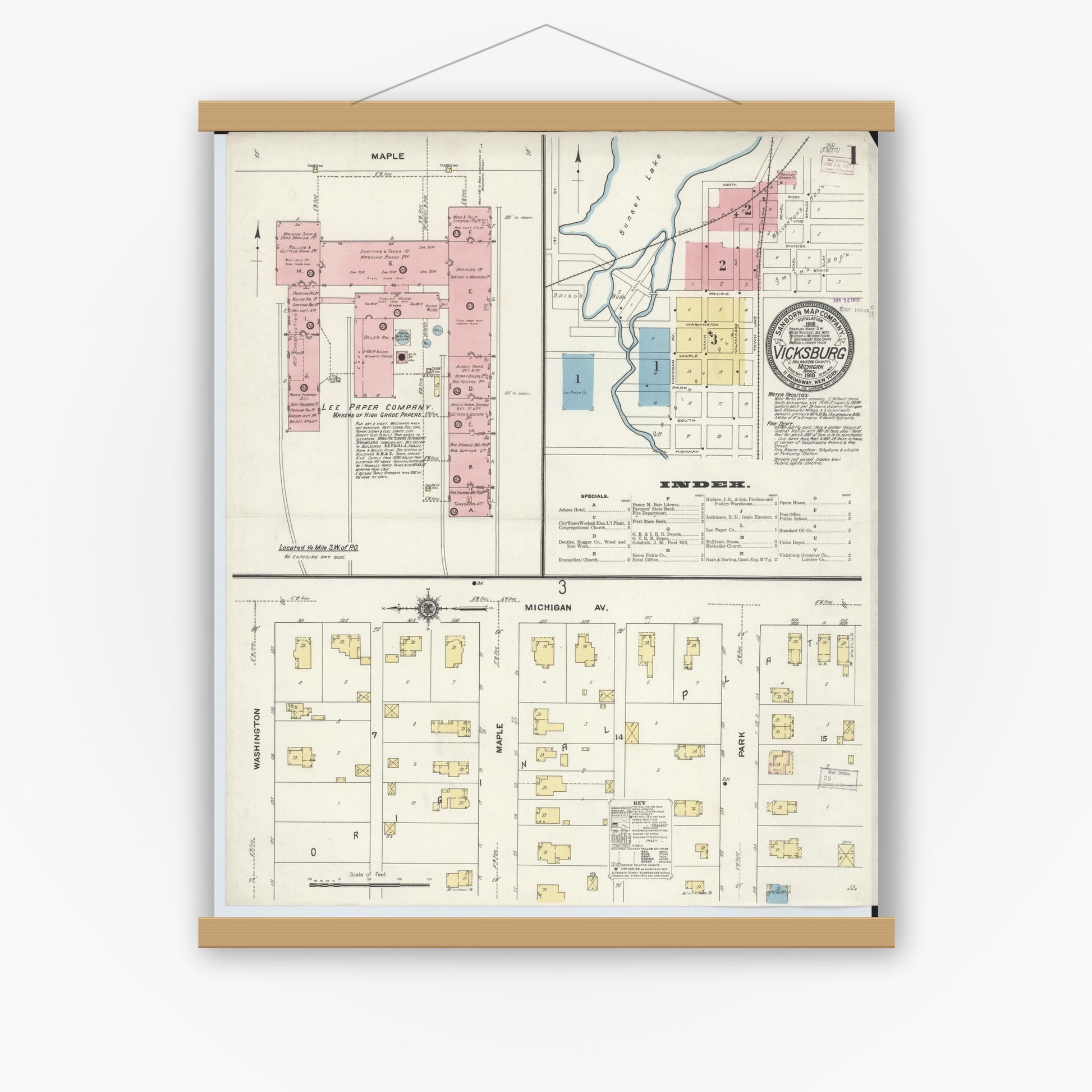 Old map wall art mockup — magnetic wood frame on white wall — Sanborn Fire Insurance Map from Vicksburg, Kalamazoo County, Michigan (1910), Sheet #0001