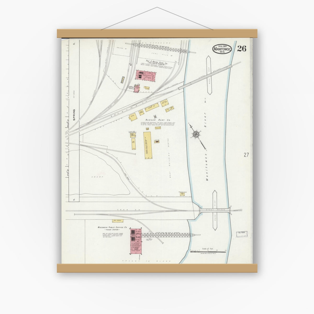Old map wall art mockup — magnetic wood frame on white wall — Sanborn Fire Insurance Map from Manitowoc, Manitowoc County, Wisconsin (1919), Sheet #0026