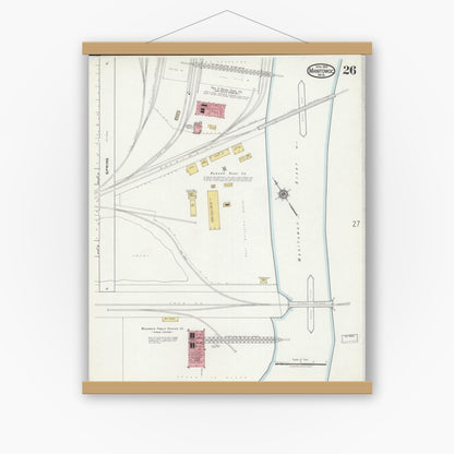 Old map wall art mockup — magnetic wood frame on white wall — Sanborn Fire Insurance Map from Manitowoc, Manitowoc County, Wisconsin (1919), Sheet #0026