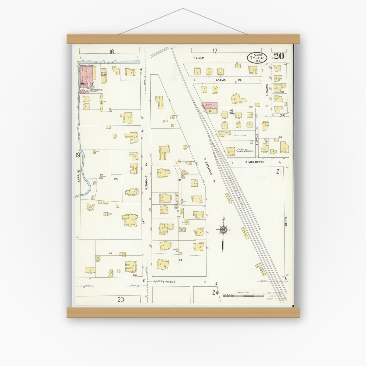 Old map wall art mockup — magnetic wood frame on white wall — Sanborn Fire Insurance Map from Tyler, Smith County, Texas (1912), Sheet #0020