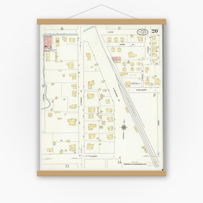 Old map wall art mockup — magnetic wood frame on white wall — Sanborn Fire Insurance Map from Tyler, Smith County, Texas (1912), Sheet #0020