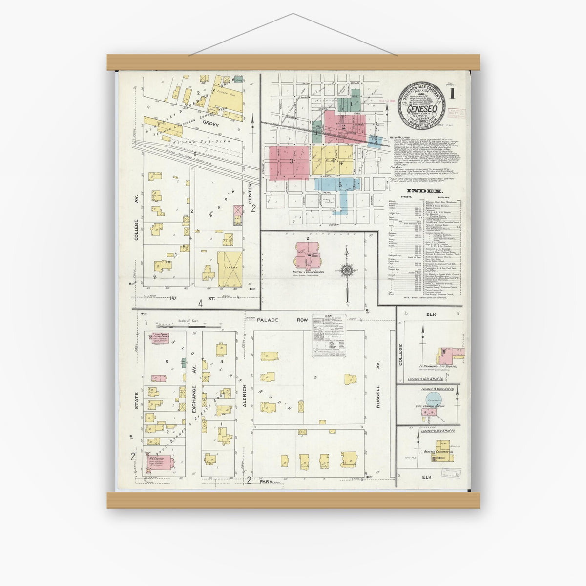 Old map wall art mockup — magnetic wood frame on white wall — Sanborn Fire Insurance Map from Geneseo, Henry County, Illinois (1909), Sheet #0001