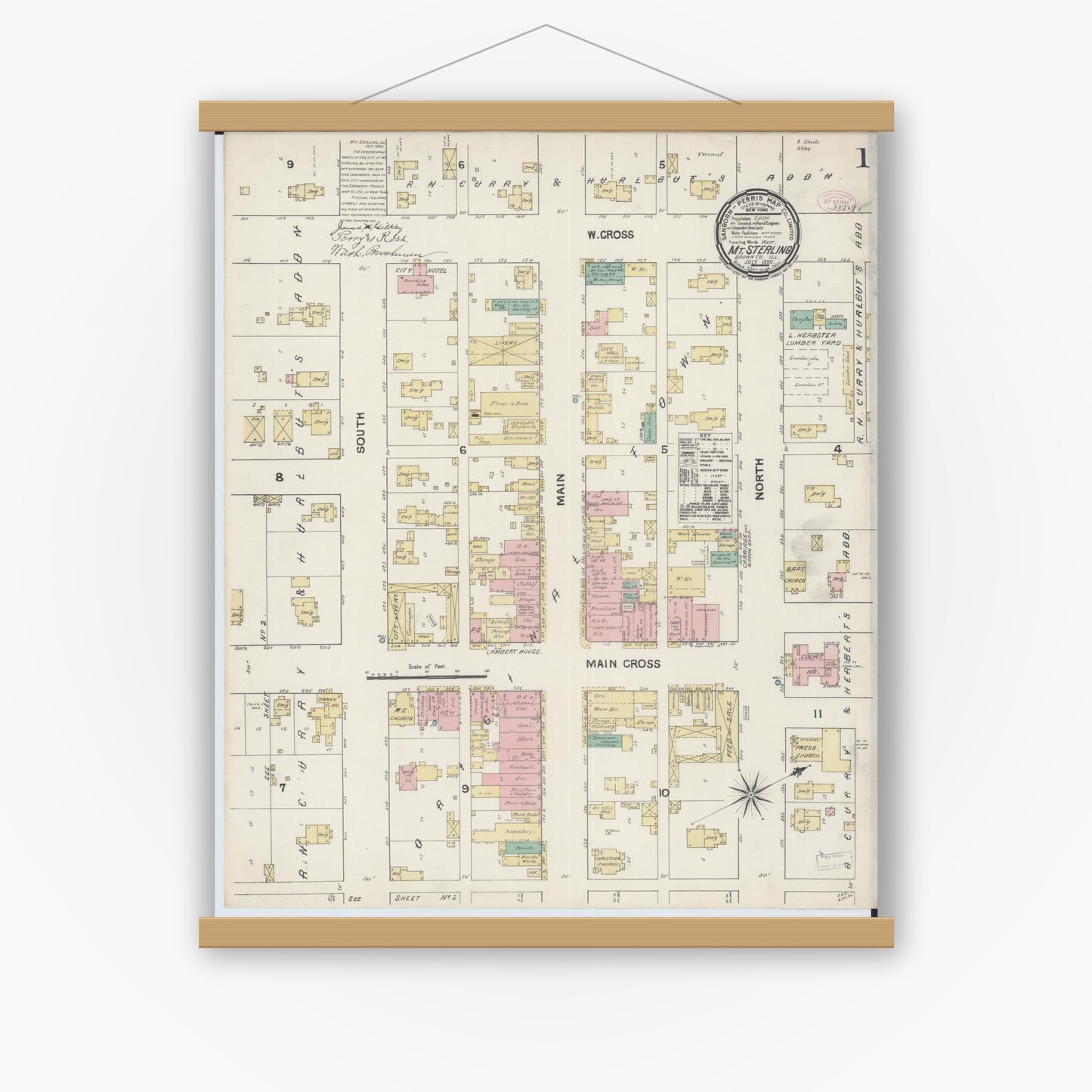 Old map wall art mockup — magnetic wood frame on white wall — Sanborn Fire Insurance Map from Mount Sterling, Brown County, Illinois (1890), Sheet #0001