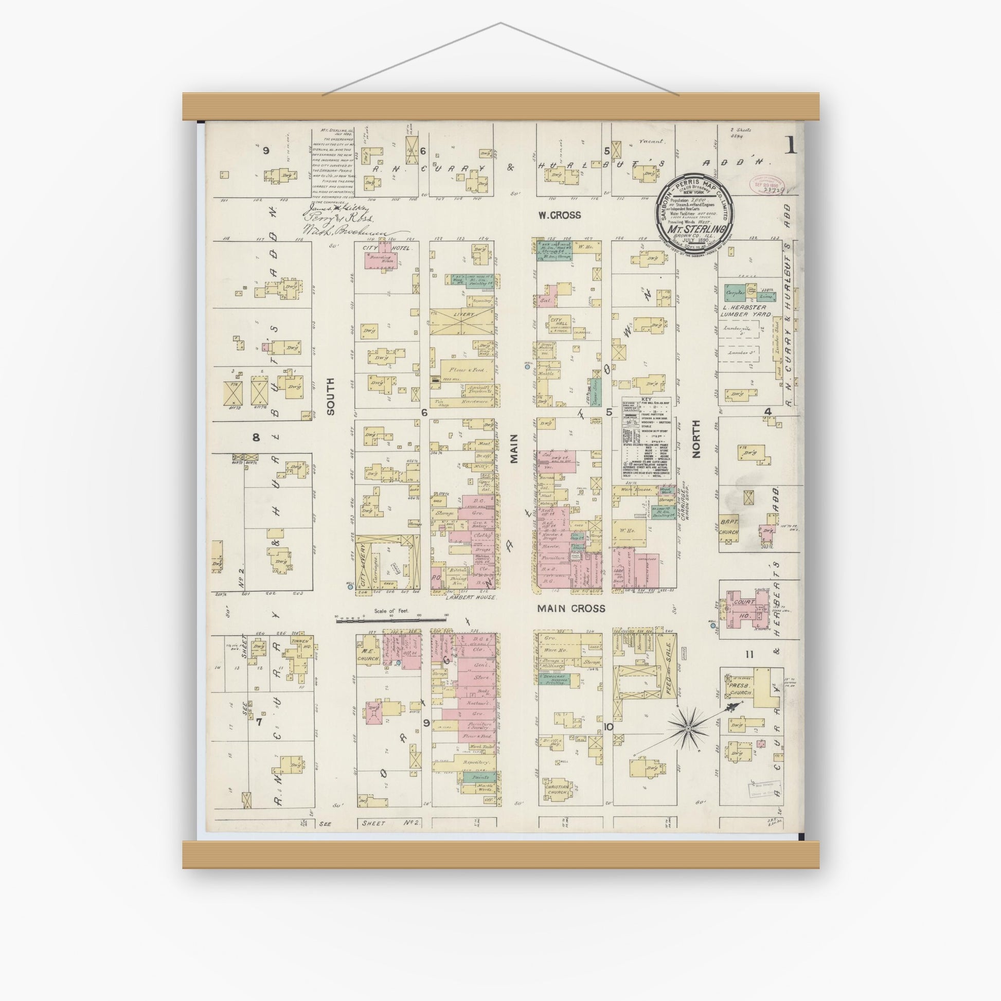 Old map wall art mockup — magnetic wood frame on white wall — Sanborn Fire Insurance Map from Mount Sterling, Brown County, Illinois (1890), Sheet #0001