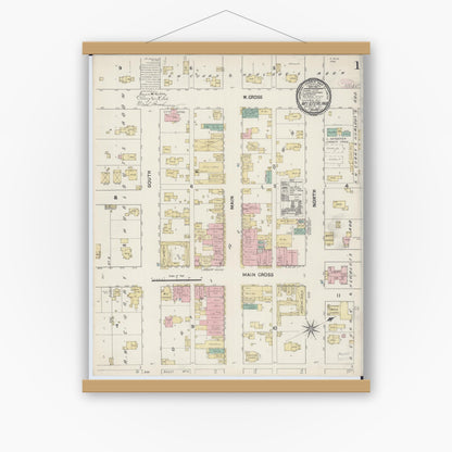 Old map wall art mockup — magnetic wood frame on white wall — Sanborn Fire Insurance Map from Mount Sterling, Brown County, Illinois (1890), Sheet #0001