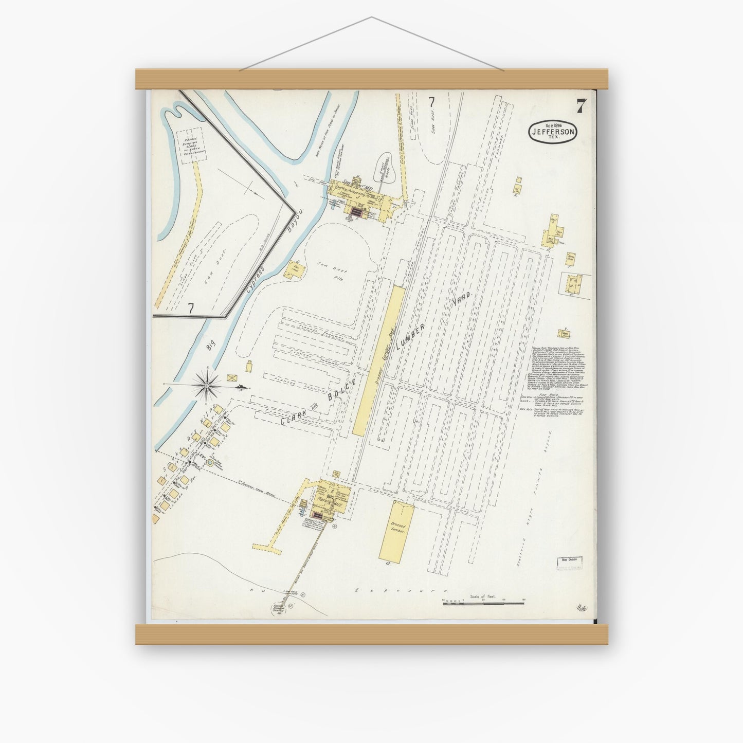 Old map wall art mockup — magnetic wood frame on white wall — Sanborn Fire Insurance Map from Jefferson, Marion County, Texas (1896), Sheet #0007