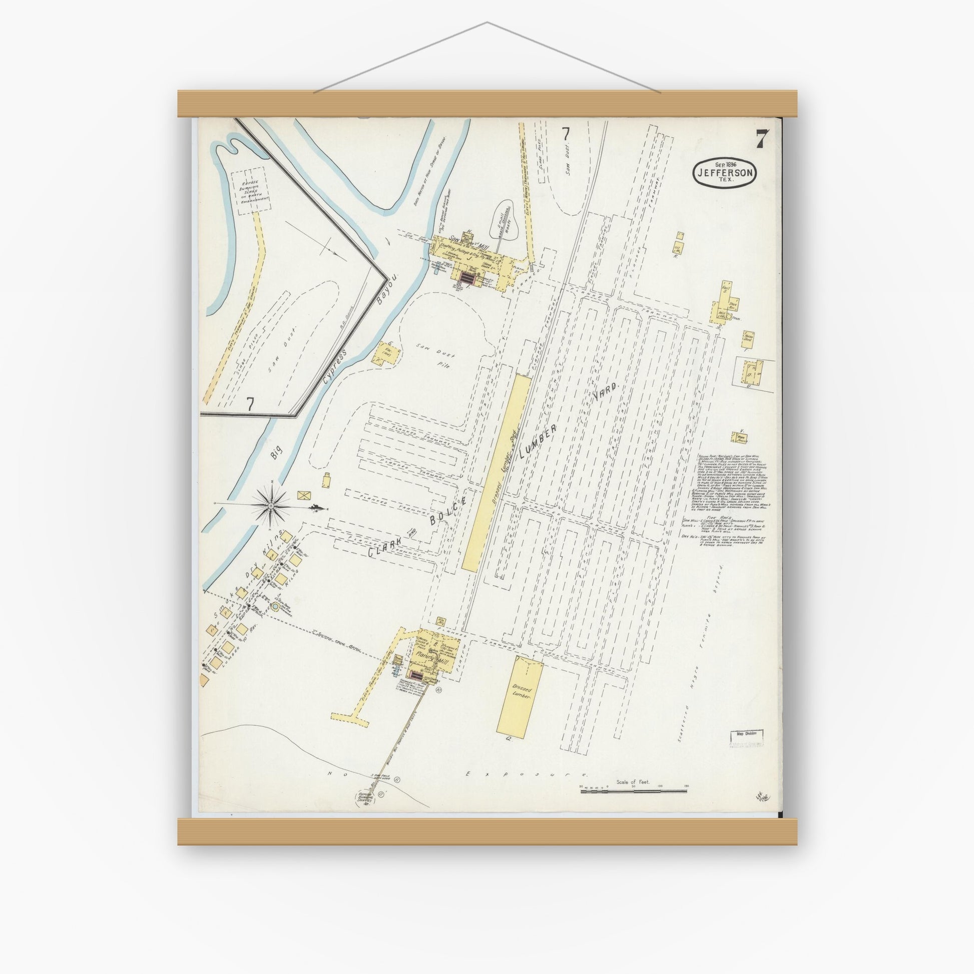 Old map wall art mockup — magnetic wood frame on white wall — Sanborn Fire Insurance Map from Jefferson, Marion County, Texas (1896), Sheet #0007