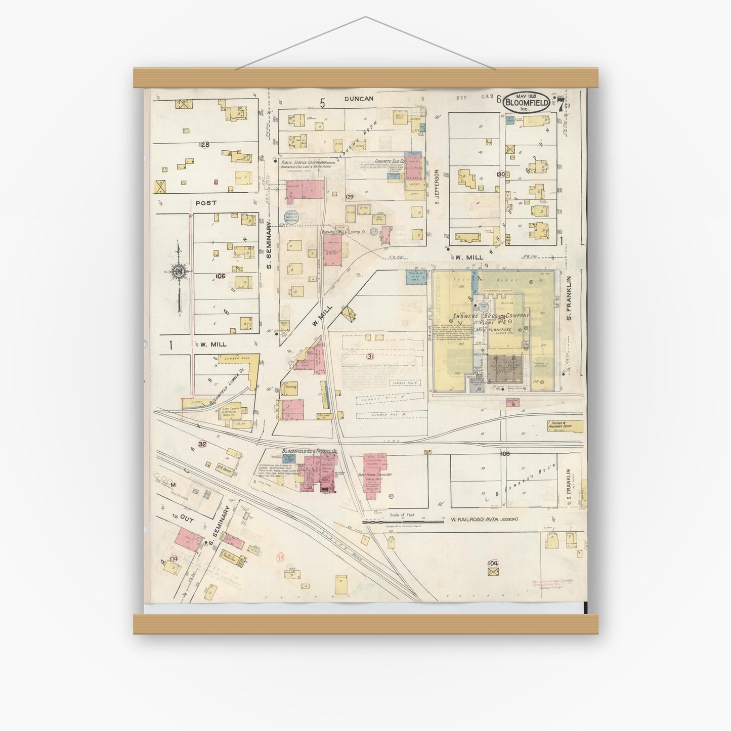 Old map wall art mockup — magnetic wood frame on white wall — Sanborn Fire Insurance Map from Bloomfield, Greene County, Indiana (1940), Sheet #0007