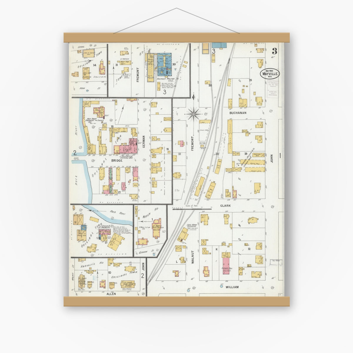 Old map wall art mockup — magnetic wood frame on white wall — Sanborn Fire Insurance Map from Mayville, Dodge County, Wisconsin (1900), Sheet #0003