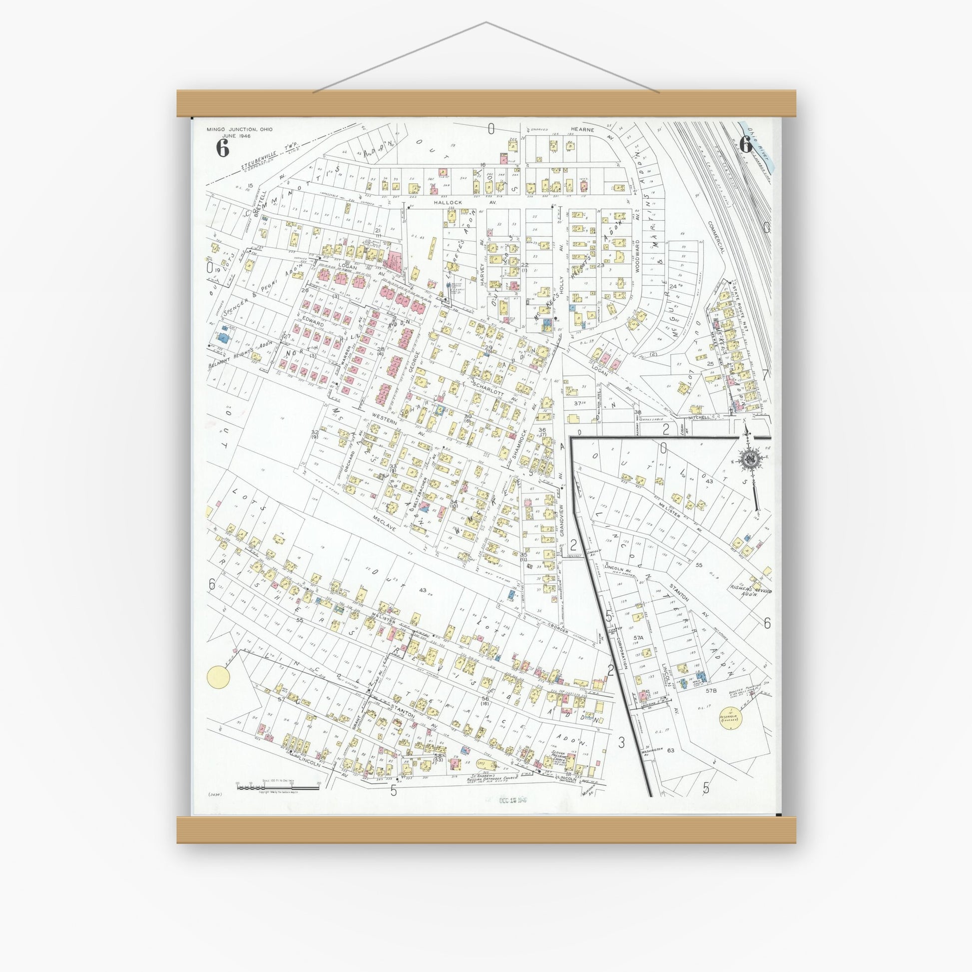 Old map wall art mockup — magnetic wood frame on white wall — Sanborn Fire Insurance Map from Mingo Junction, Jefferson County, Ohio (1946), Sheet #0006