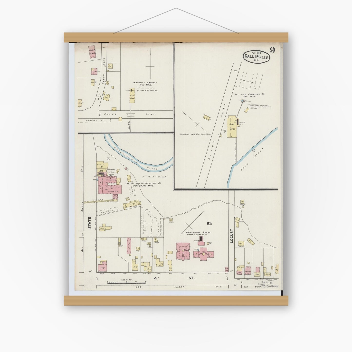 Old map wall art mockup — magnetic wood frame on white wall — Sanborn Fire Insurance Map from Gallipolis, Gallia County, Ohio (1890), Sheet #0009