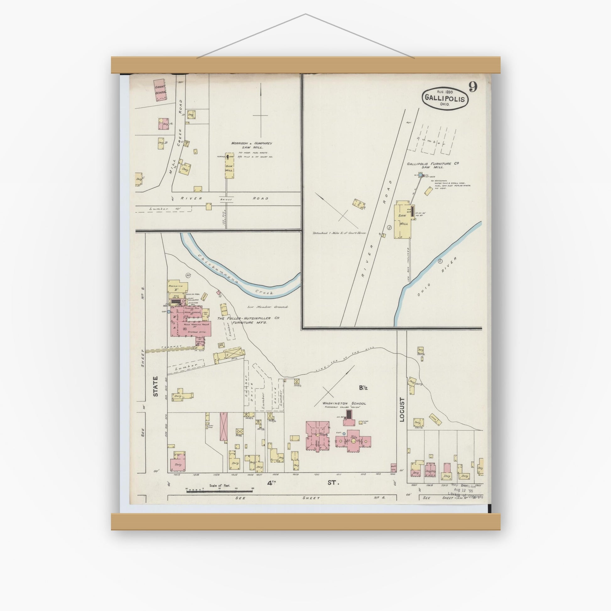 Old map wall art mockup — magnetic wood frame on white wall — Sanborn Fire Insurance Map from Gallipolis, Gallia County, Ohio (1890), Sheet #0009