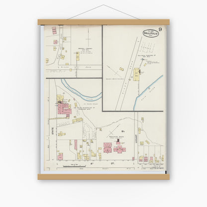 Old map wall art mockup — magnetic wood frame on white wall — Sanborn Fire Insurance Map from Gallipolis, Gallia County, Ohio (1890), Sheet #0009