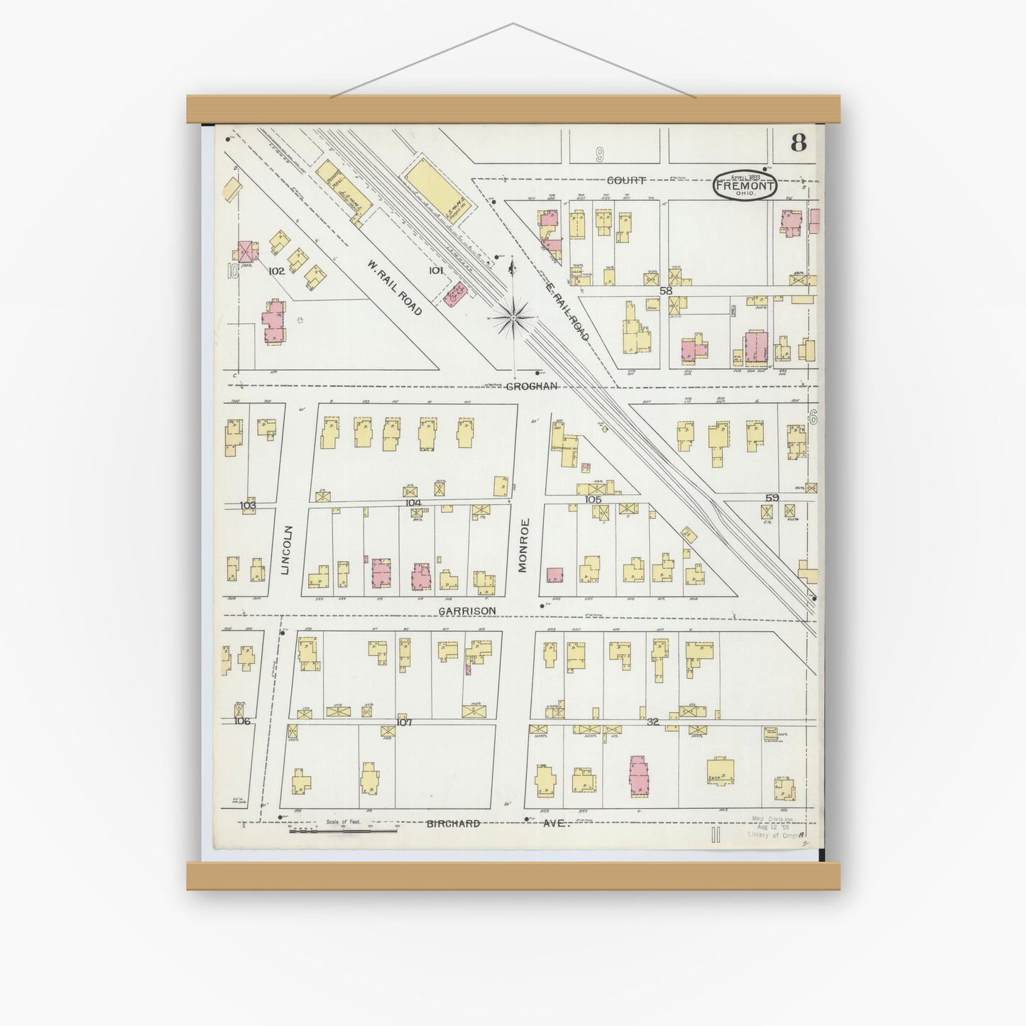 Old map wall art mockup — magnetic wood frame on white wall — Sanborn Fire Insurance Map from Fremont, Sandusky County, Ohio (1893), Sheet #0008