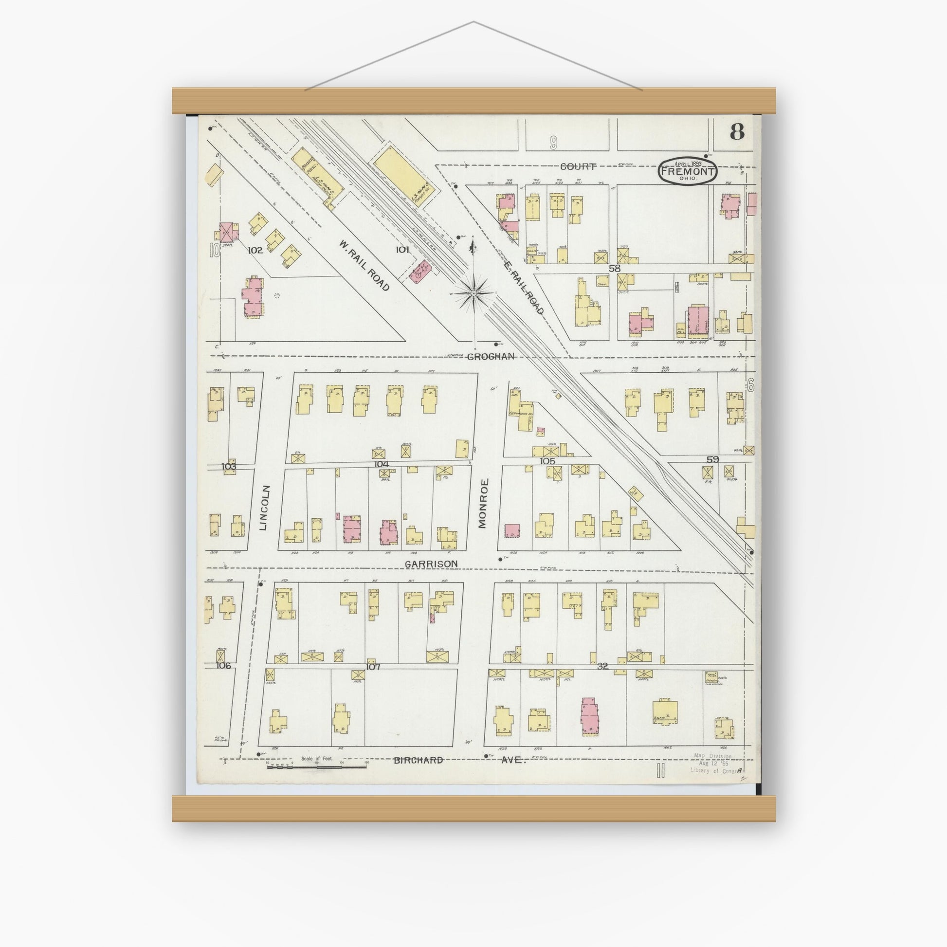 Old map wall art mockup — magnetic wood frame on white wall — Sanborn Fire Insurance Map from Fremont, Sandusky County, Ohio (1893), Sheet #0008