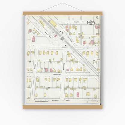 Old map wall art mockup — magnetic wood frame on white wall — Sanborn Fire Insurance Map from Fremont, Sandusky County, Ohio (1893), Sheet #0008