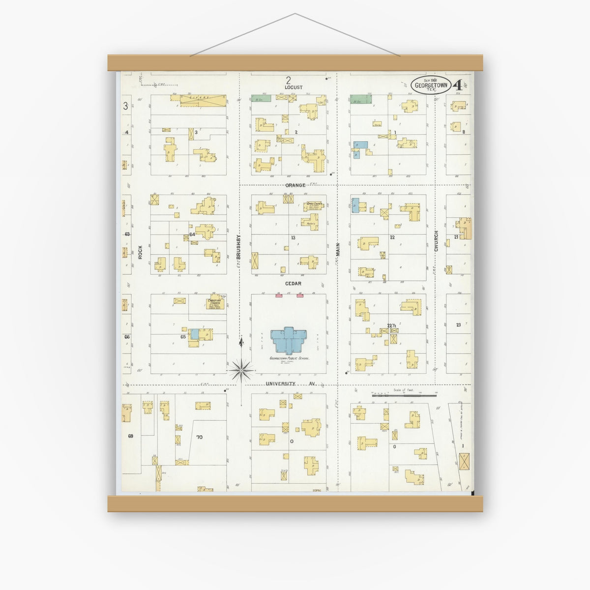 Old map wall art mockup — magnetic wood frame on white wall — Sanborn Fire Insurance Map from Georgetown, Williamson County, Texas (1900), Sheet #0004