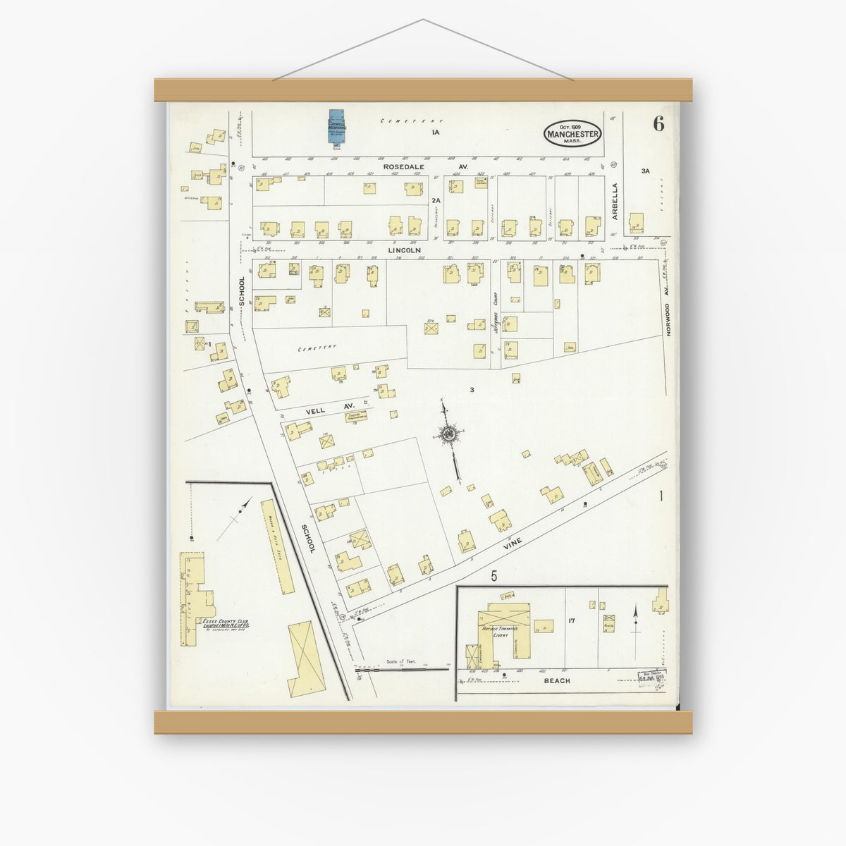 Old map wall art mockup — magnetic wood frame on white wall — Sanborn Fire Insurance Map from Manchester, Essex County, Massachusetts (1909), Sheet #0006