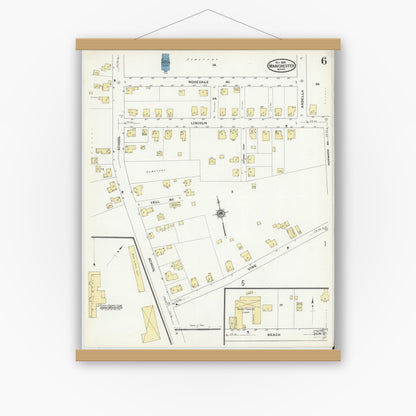 Old map wall art mockup — magnetic wood frame on white wall — Sanborn Fire Insurance Map from Manchester, Essex County, Massachusetts (1909), Sheet #0006