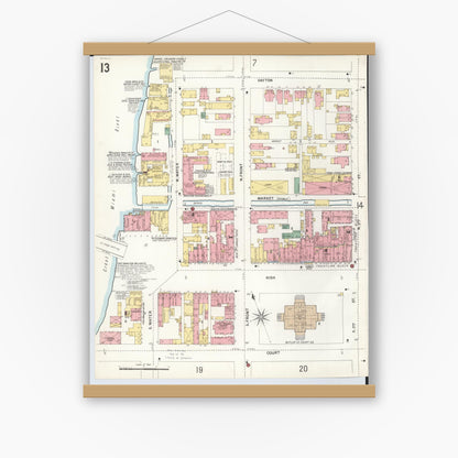 Old map wall art mockup — magnetic wood frame on white wall — Sanborn Fire Insurance Map from Hamilton, Butler County, Ohio (1899), Sheet #0013