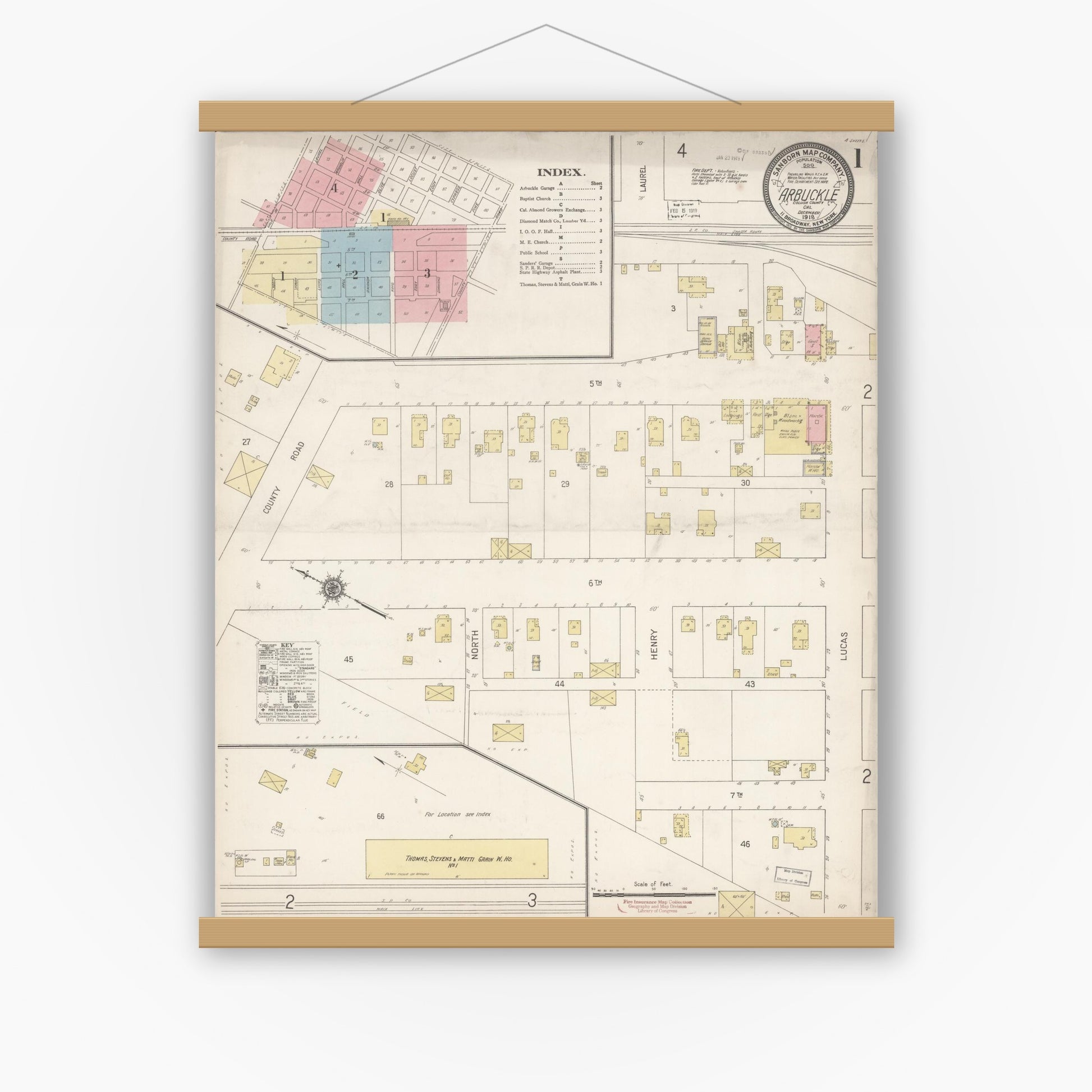 Old map wall art mockup — magnetic wood frame on white wall — Sanborn Fire Insurance Map from Arbuckle, Colusa County, California (1918), Sheet #0001
