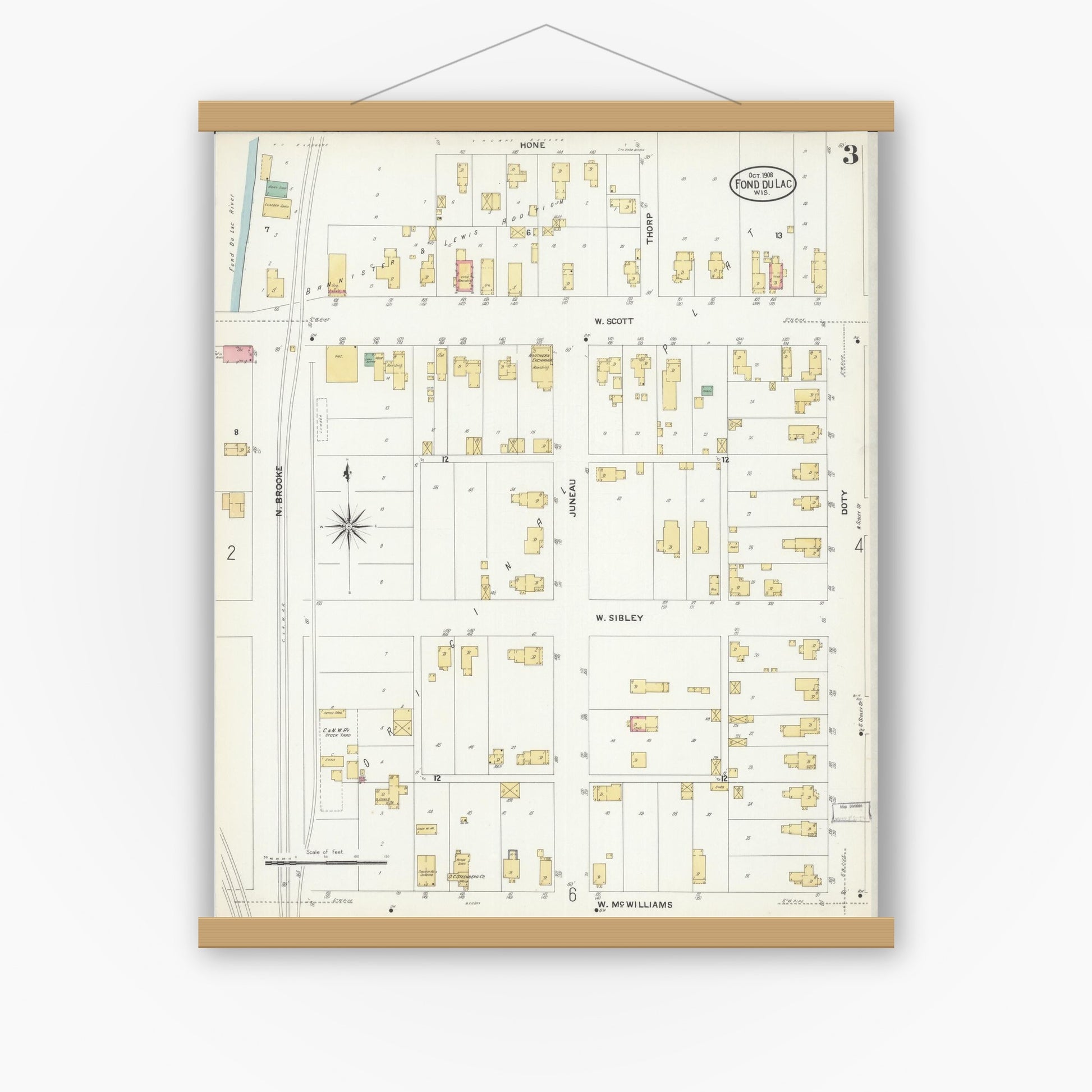 Old map wall art mockup — magnetic wood frame on white wall — Sanborn Fire Insurance Map from Fond du Lac, Fond du Lac County, Wisconsin (1908), Sheet #0003